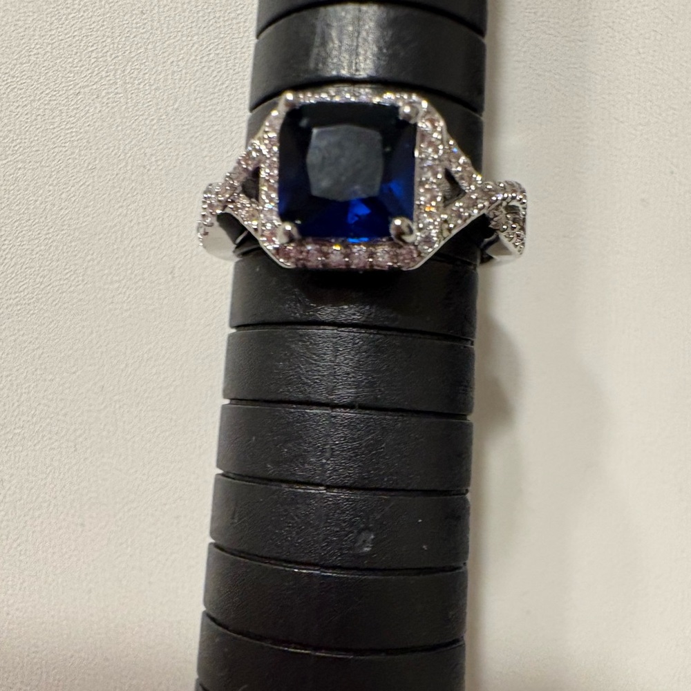 White Gold plating over Copper with Emerald Cut Sapphire Colored  Glass Ring